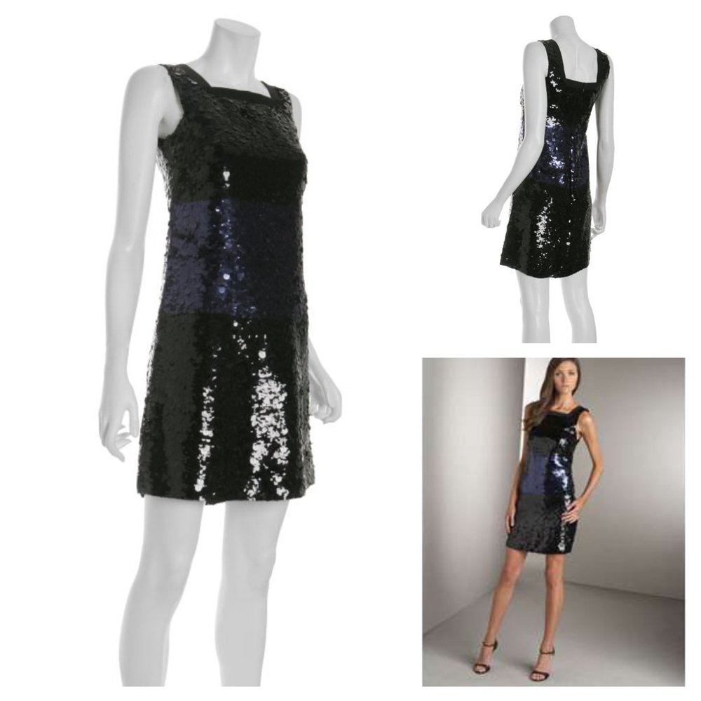 Vera Wang Lavender Label Black & Blue Sequins Silk Shift Dress